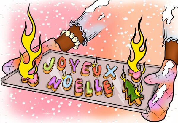 des biscuits en forme de lettre sortant du four épellent "joyeux noëlle"